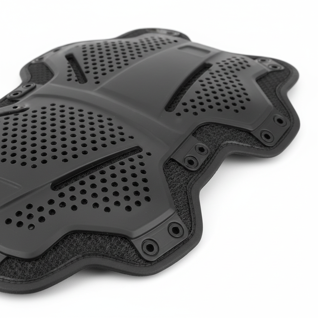 Close-up of plain unbranded matte black CE Level 2 armor edge profile, perforated ventilation, connection tabs, and protective hardware