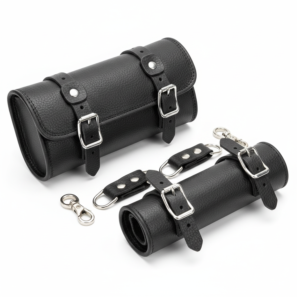 Close-up of plain unbranded black leather buckles, straps, and mounting hardware on motorcycle tool rolls and fork bags