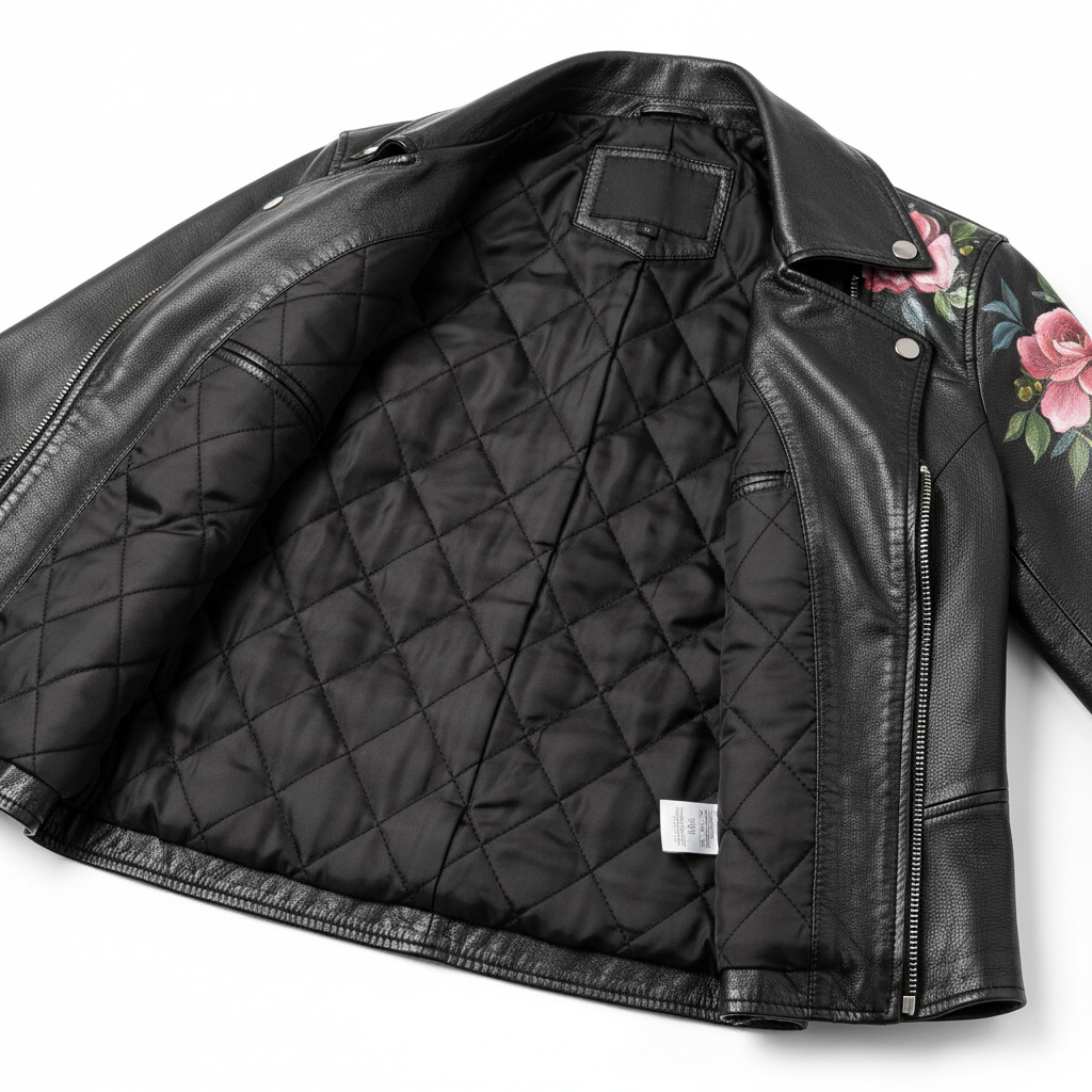 Hand-painted women's black leather motorcycle jacket, interior detail shot showing quilted lining, stitching quality, and construction details