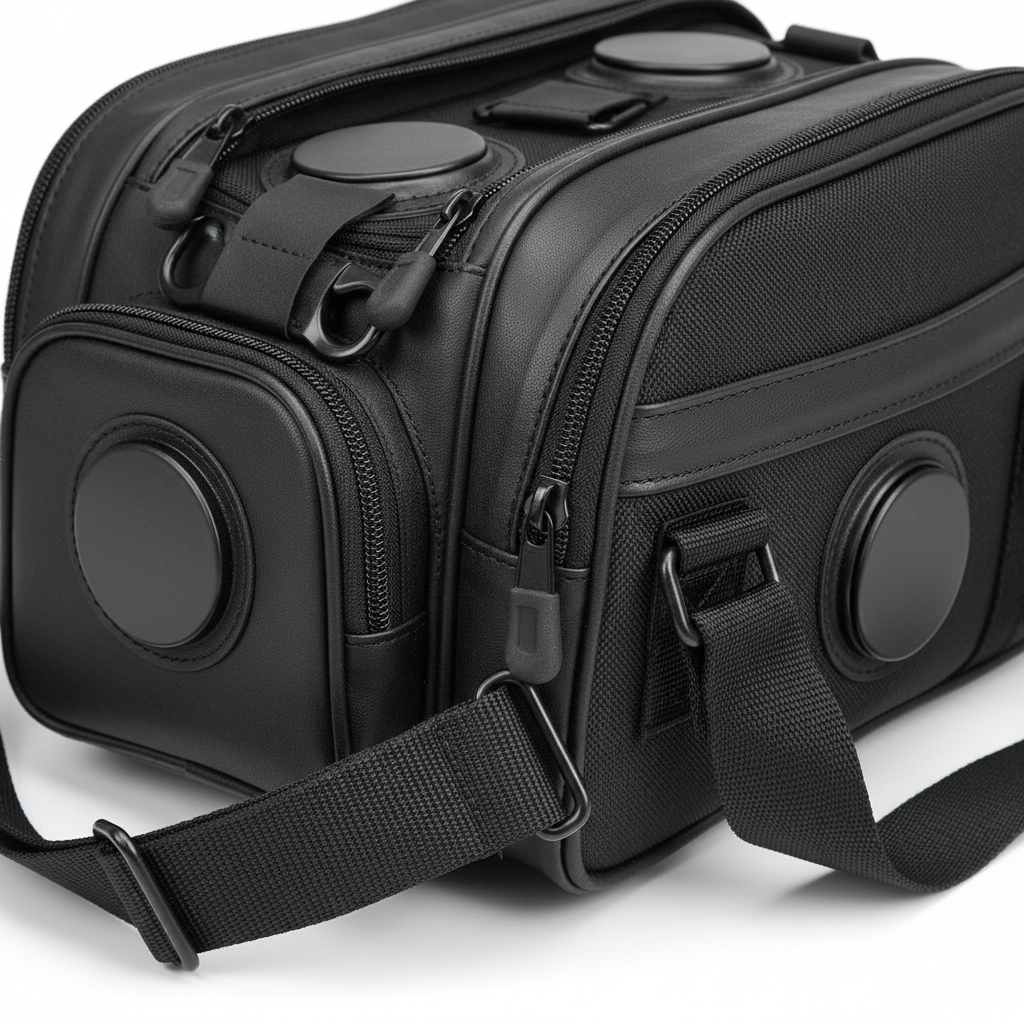 Close-up of plain unbranded black zippers, magnetic mount, and strap hardware on motorcycle bags