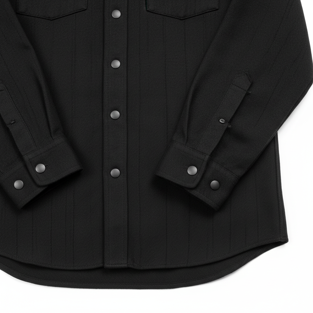 Close-up of plain buttons, cuff, and hem detail on Kevlar motorcycle riding flannel
