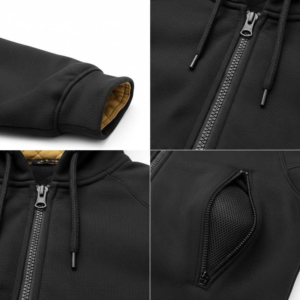 Close-up of plain unbranded black hoodie cuff, zipper, hood cord, and armour pocket detail