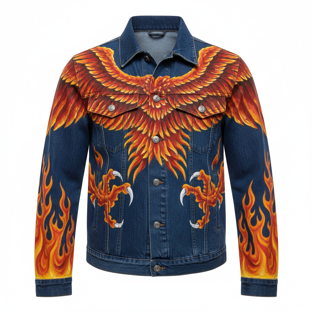 Hand-Painted Casual Denim Jacket Full Custom Masterpiece - Phoenix & Dragon Front View
