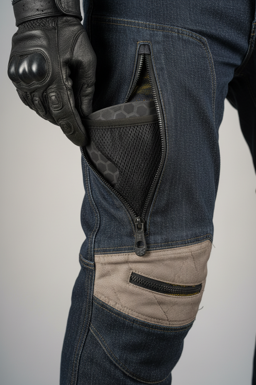 Close-up Knee Armor Pocket – Kevlar Riding Jeans