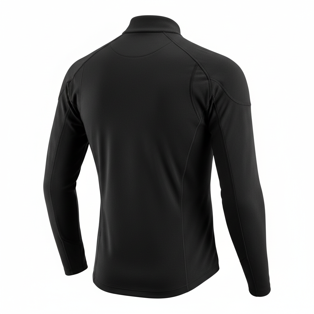 Plain black heated motorcycle riding vest and base top, three-quarter rear view on white background