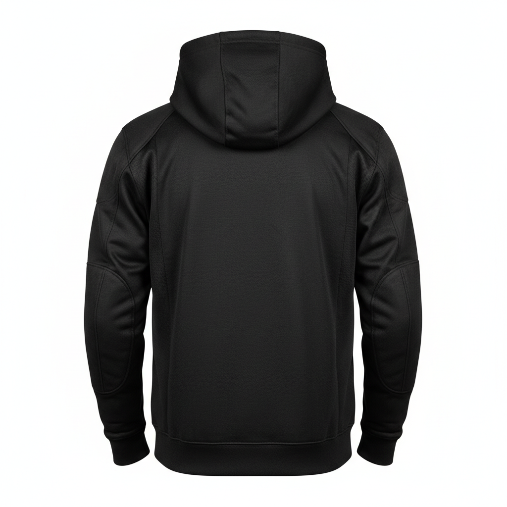 Plain unbranded black Kevlar aramid-lined motorcycle hoodie, rear view on white background