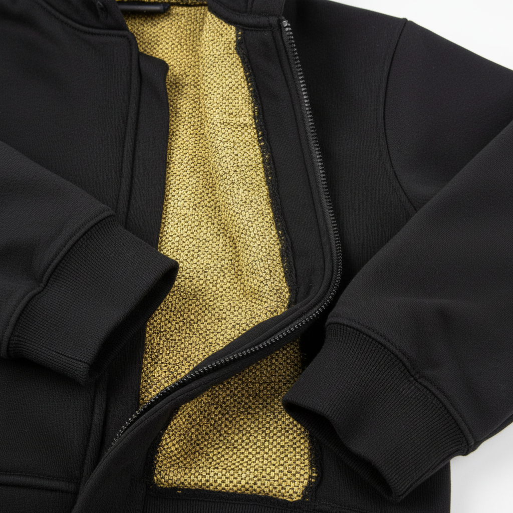 Close-up of plain unbranded black aramid-lined fabric weave and protective seam detail on motorcycle hoodie