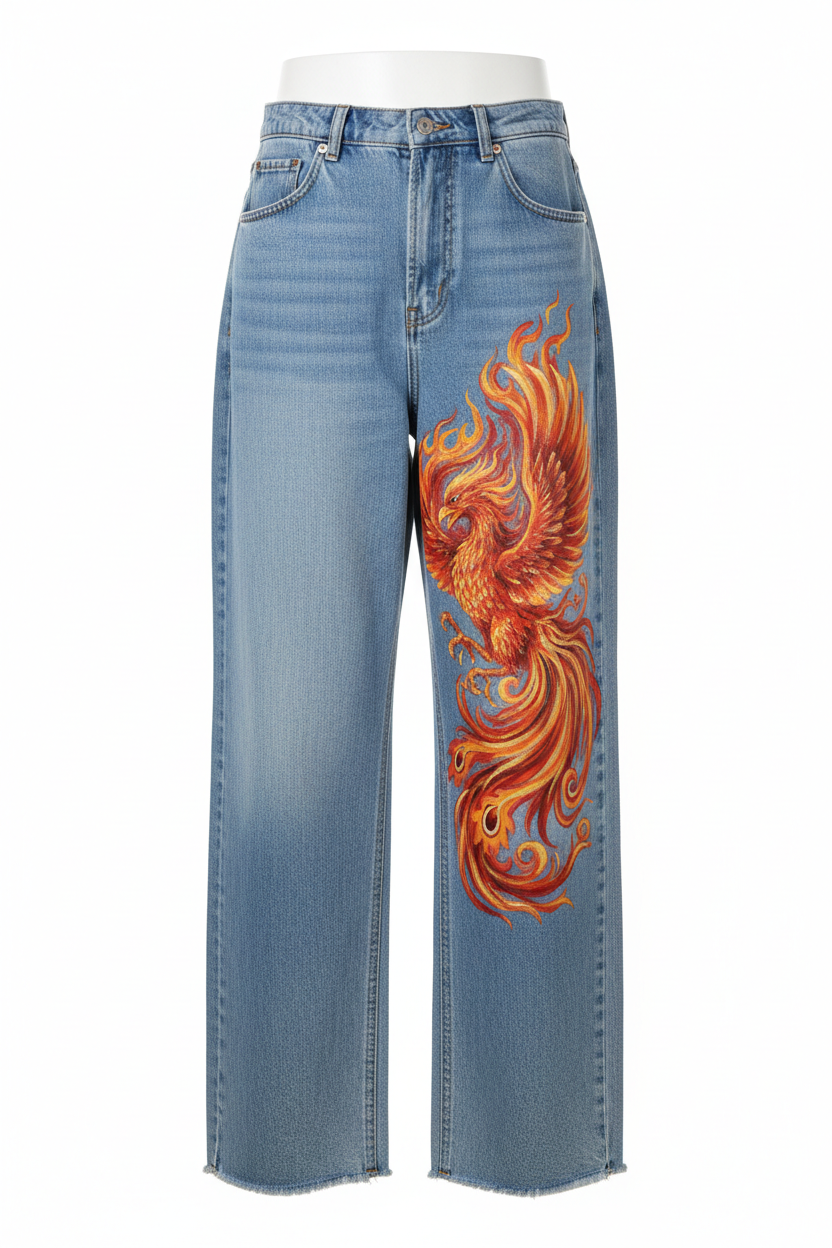 Hand-Painted Baggy Jeans Signature Design - Phoenix Front View