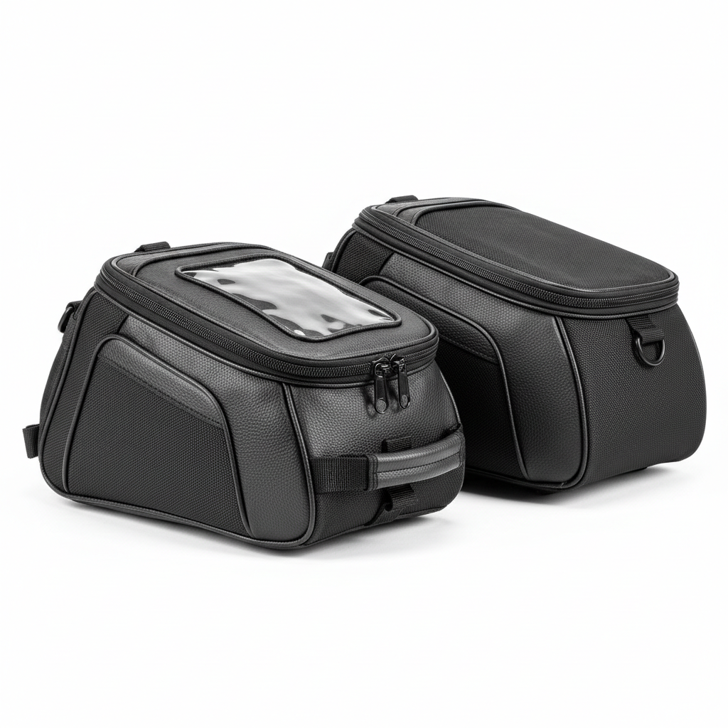 Plain unbranded black motorcycle tank and tail bags, side view on white background