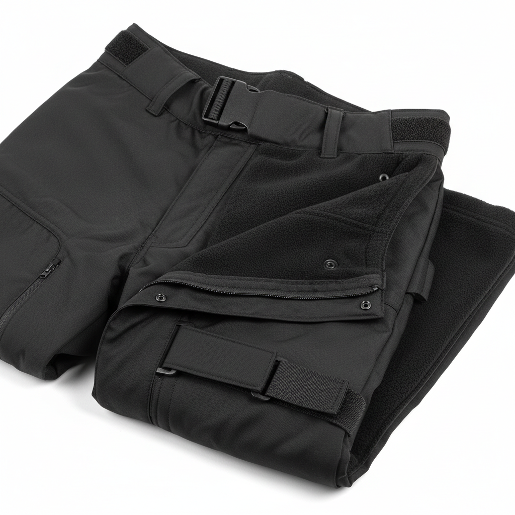 Close-up of plain waistband and hem detail on heated motorcycle riding pants