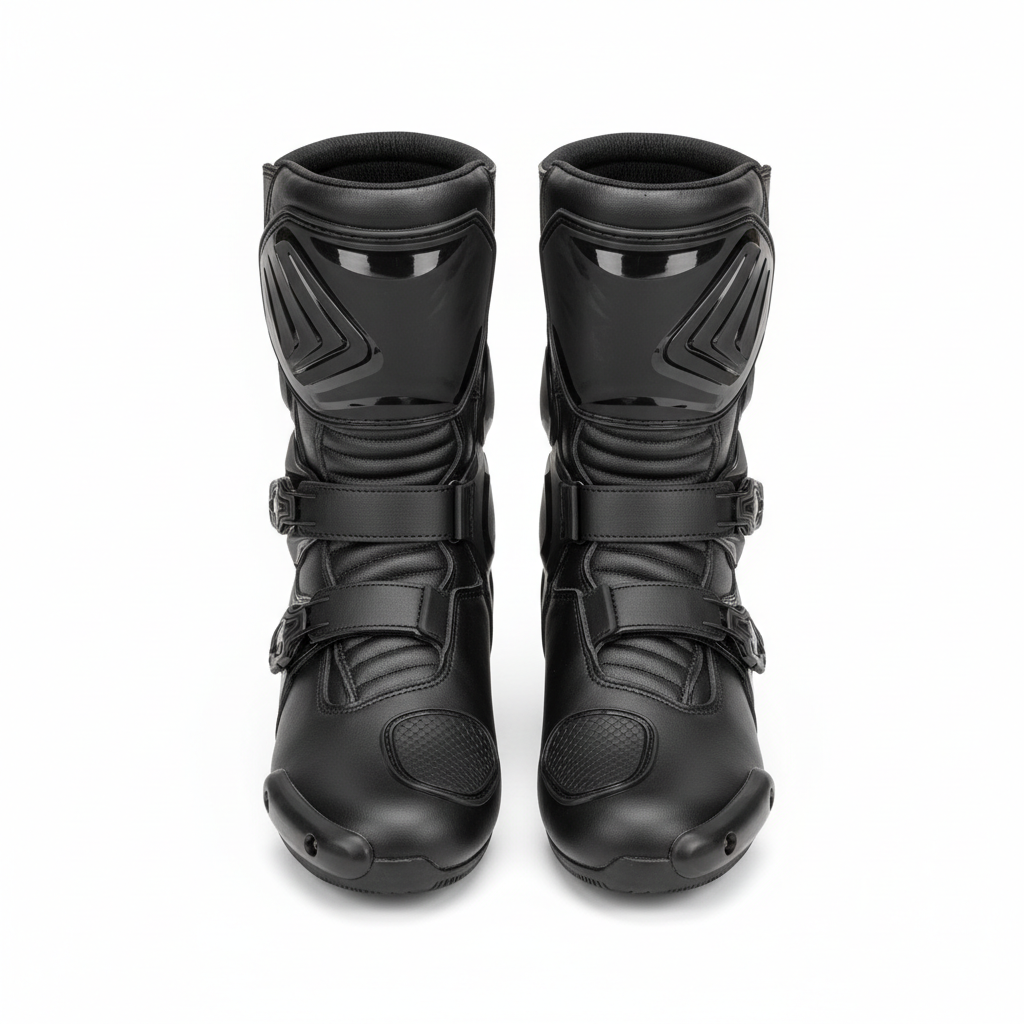 Plain black motorcycle racing boots, overhead flat lay on white background