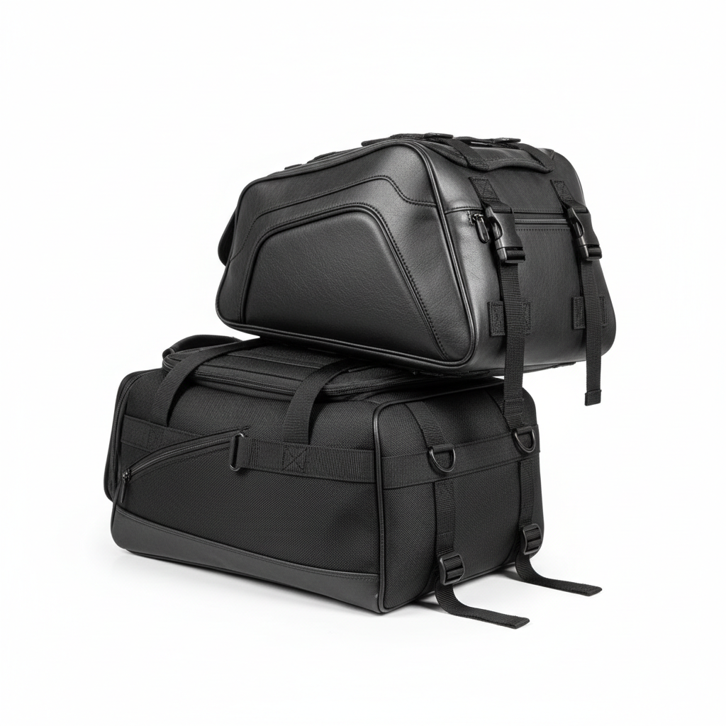 Plain unbranded black motorcycle tank and tail bags, three-quarter rear view on white background