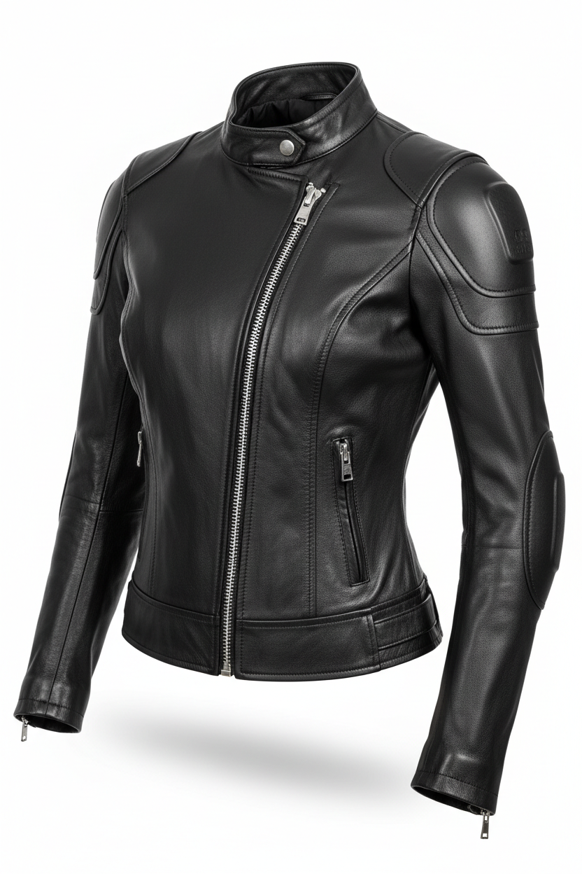 3/4 angle - Women's Leather Motorcycle Jacket