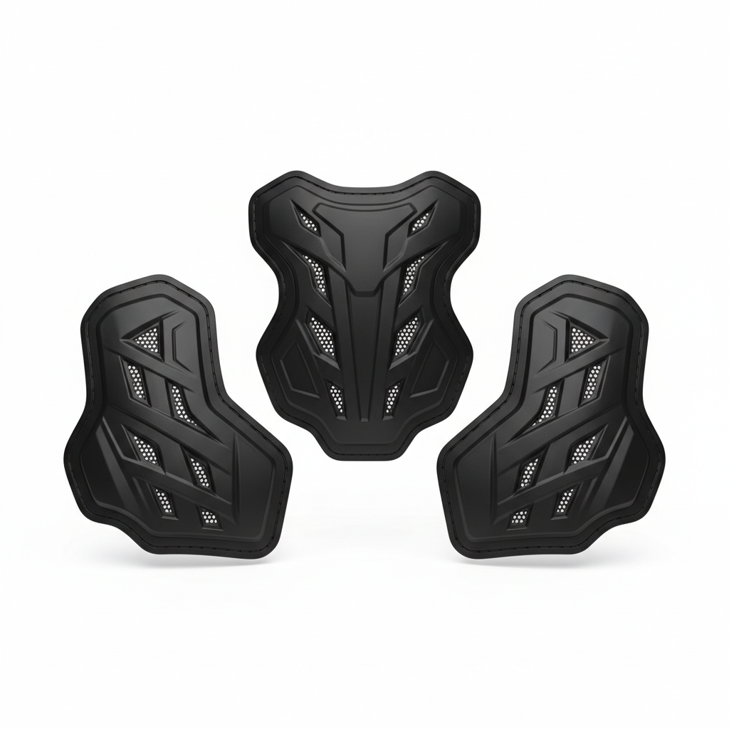 Plain unbranded matte black CE Level 2 motorcycle back and chest armor insert set, rear view on white background