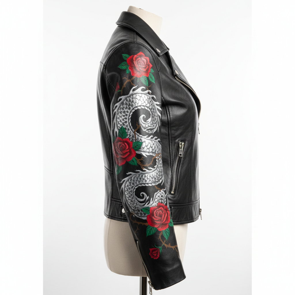 Hand-painted women's black leather motorcycle jacket with detailed artwork, side profile view showing sleeve detail and side panel artwork
