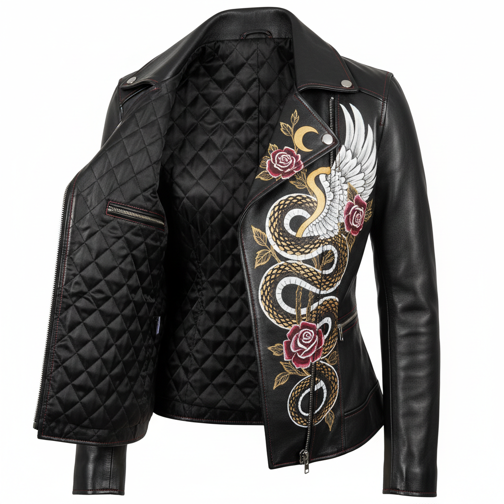 Hand-painted women's black leather motorcycle jacket with detailed artwork, interior detail shot showing quilted lining, stitching quality, and construction details