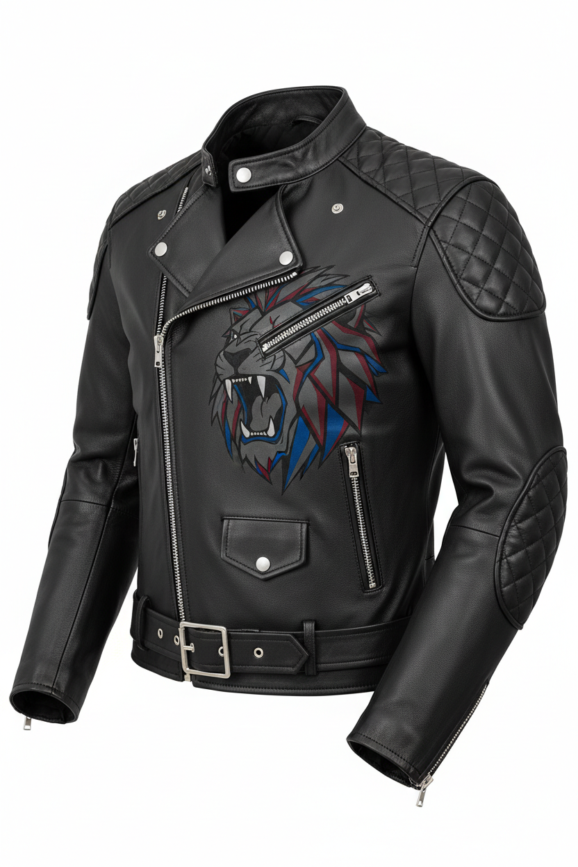 Custom leather motorcycle jacket front view with signature bold motif design