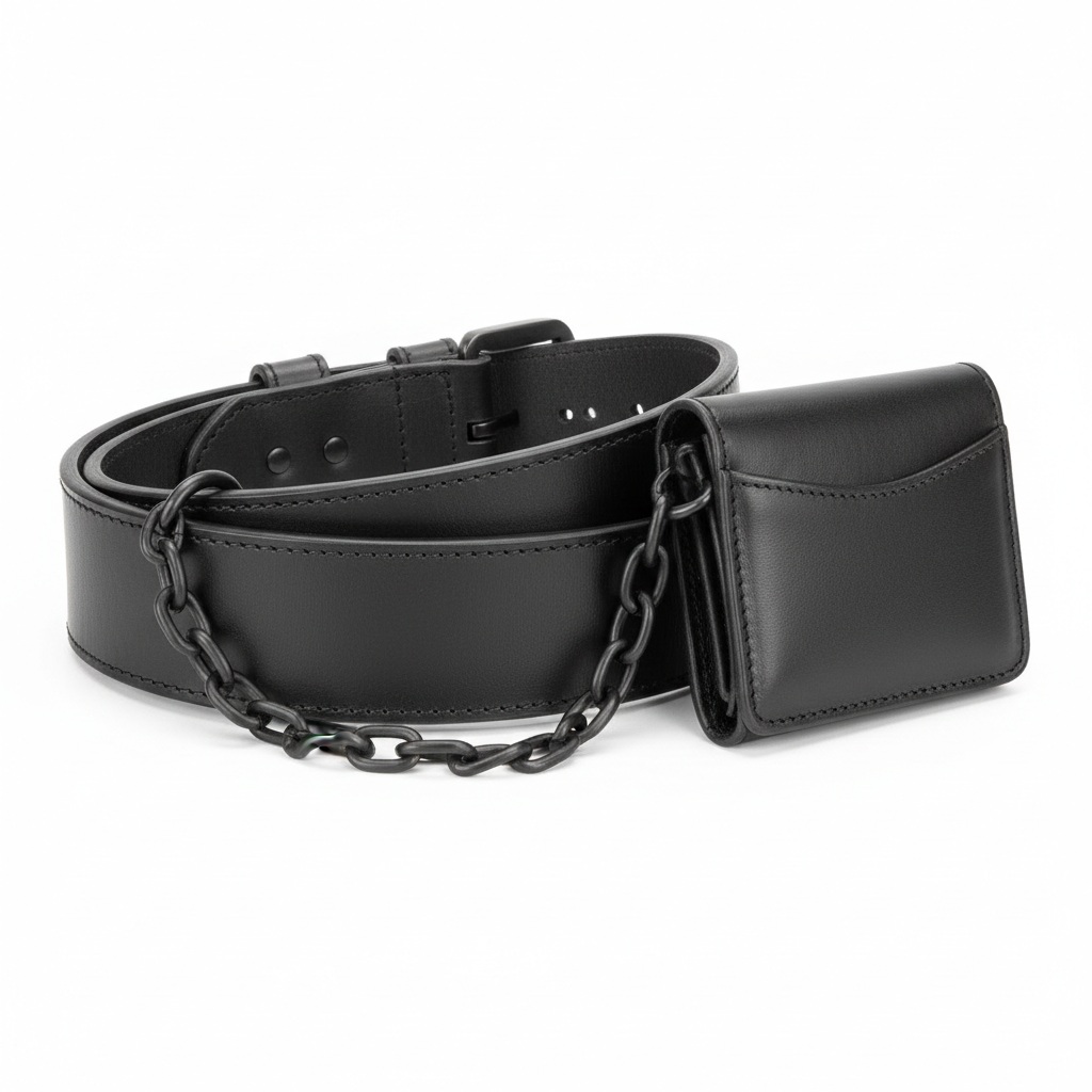 Plain unbranded black heavy-duty leather motorcycle riding belt and matching chain wallet, three-quarter rear view on white background