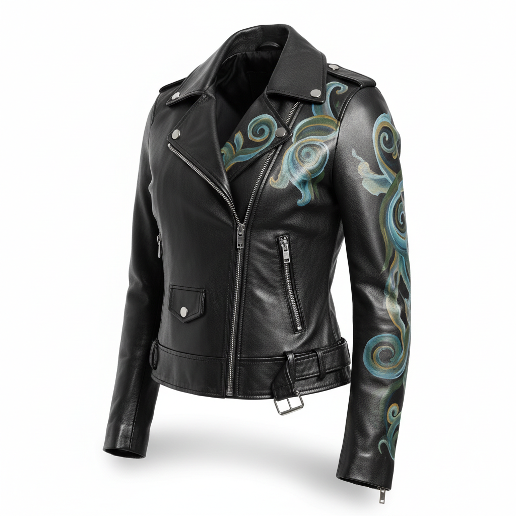 Hand-painted women's black leather motorcycle jacket, 3/4 front view showing depth and dimension with artwork on chest, shoulder, and sleeve
