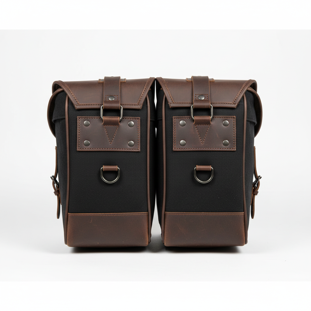 Unbranded leather and canvas motorcycle panniers, rear view on white background