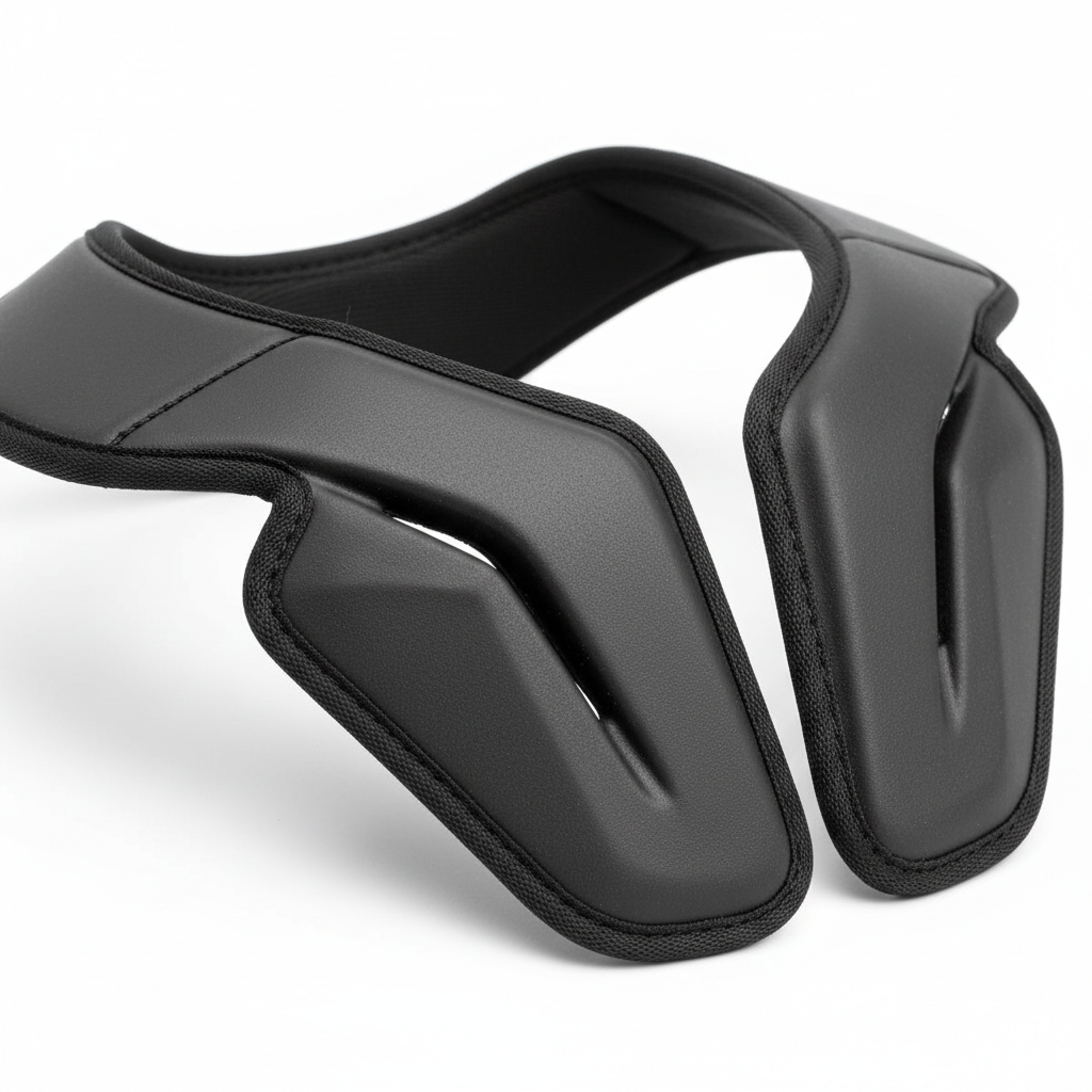 Close-up of plain matte black material and construction detail on motorcycle neck brace