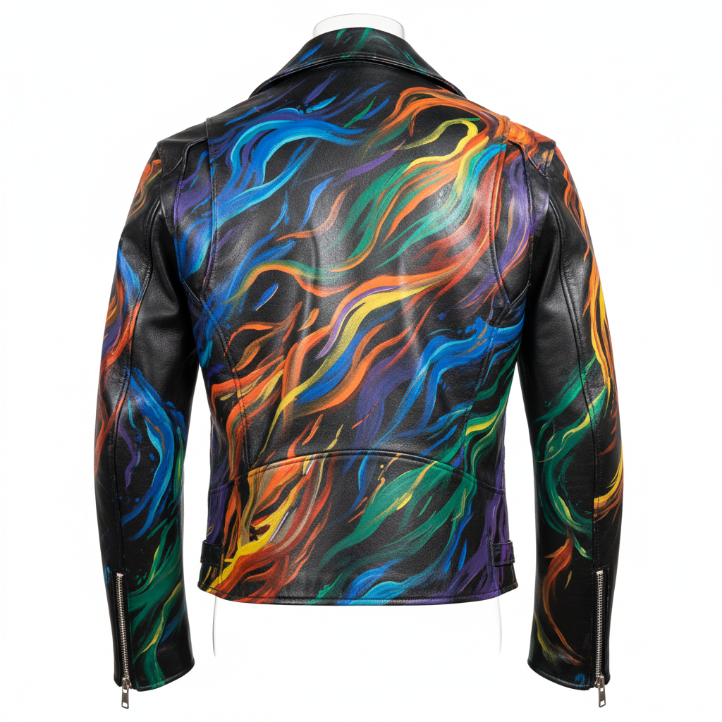 Hand-painted black leather motorcycle jacket with bold signature design artwork, back view on invisible mannequin, striking large-scale artwork across back panel