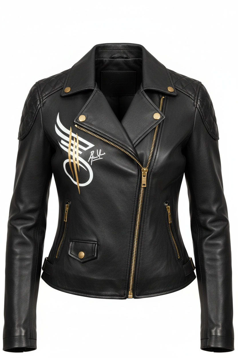 Women's custom hand-painted leather motorcycle jacket Signature Design front view
