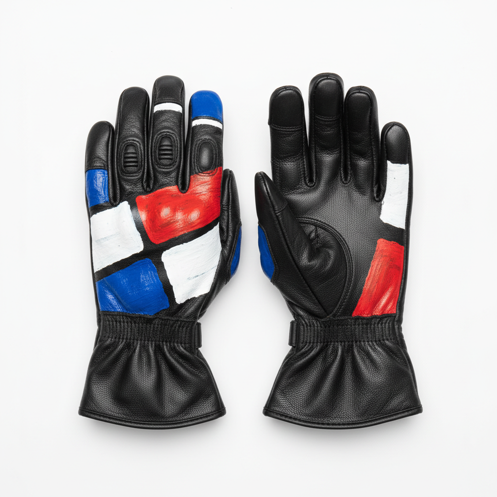 Black leather motorcycle gloves with hand-painted red white and cobalt-blue abstract artwork, rear view on white background
