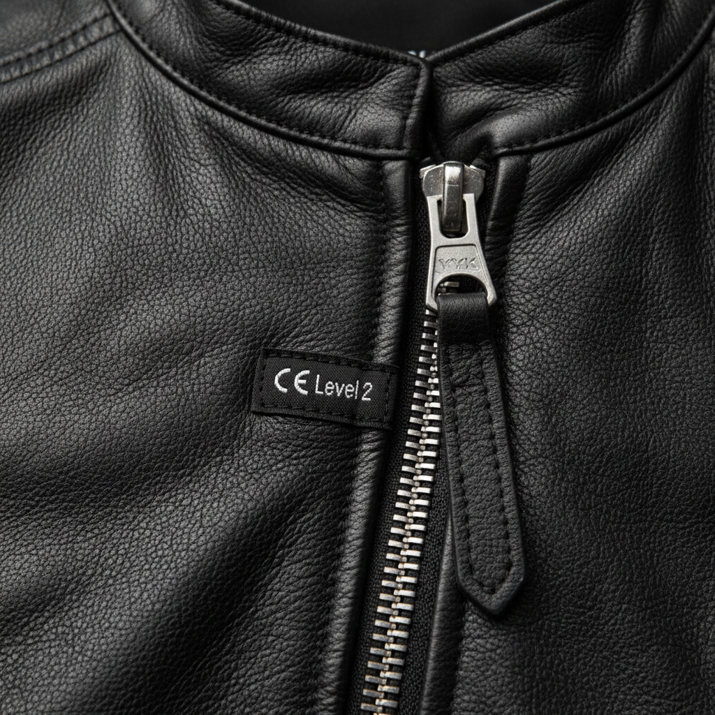 Detail close-up - leather texture and CE label