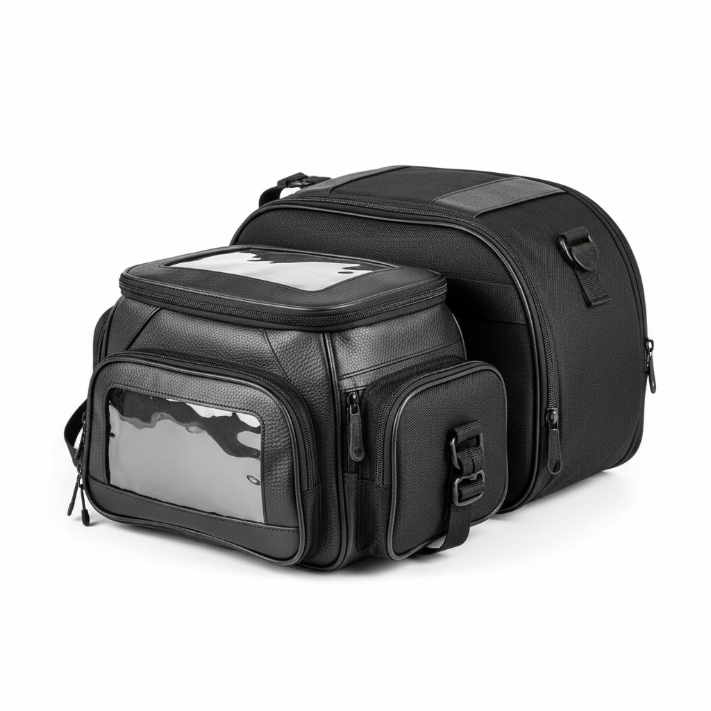 Plain unbranded black motorcycle tank and tail bags, three-quarter front view on white background