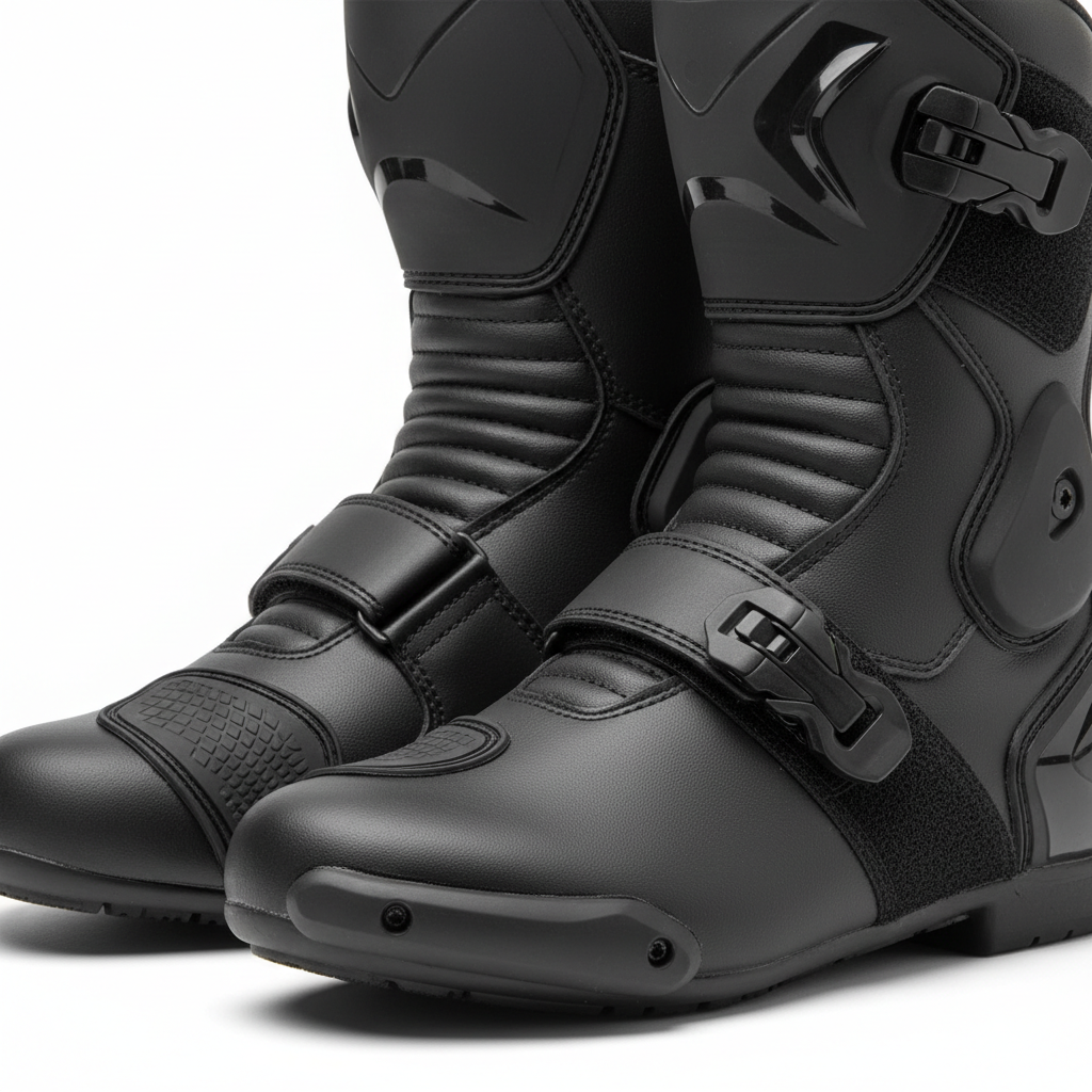 Close-up of plain black sole edge, fastening, and toe detail on motorcycle racing boots