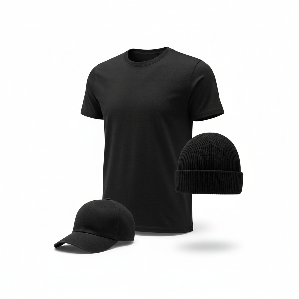 Plain unbranded black motorcycle lifestyle apparel set with tee, beanie, and cap, three-quarter front view on white background