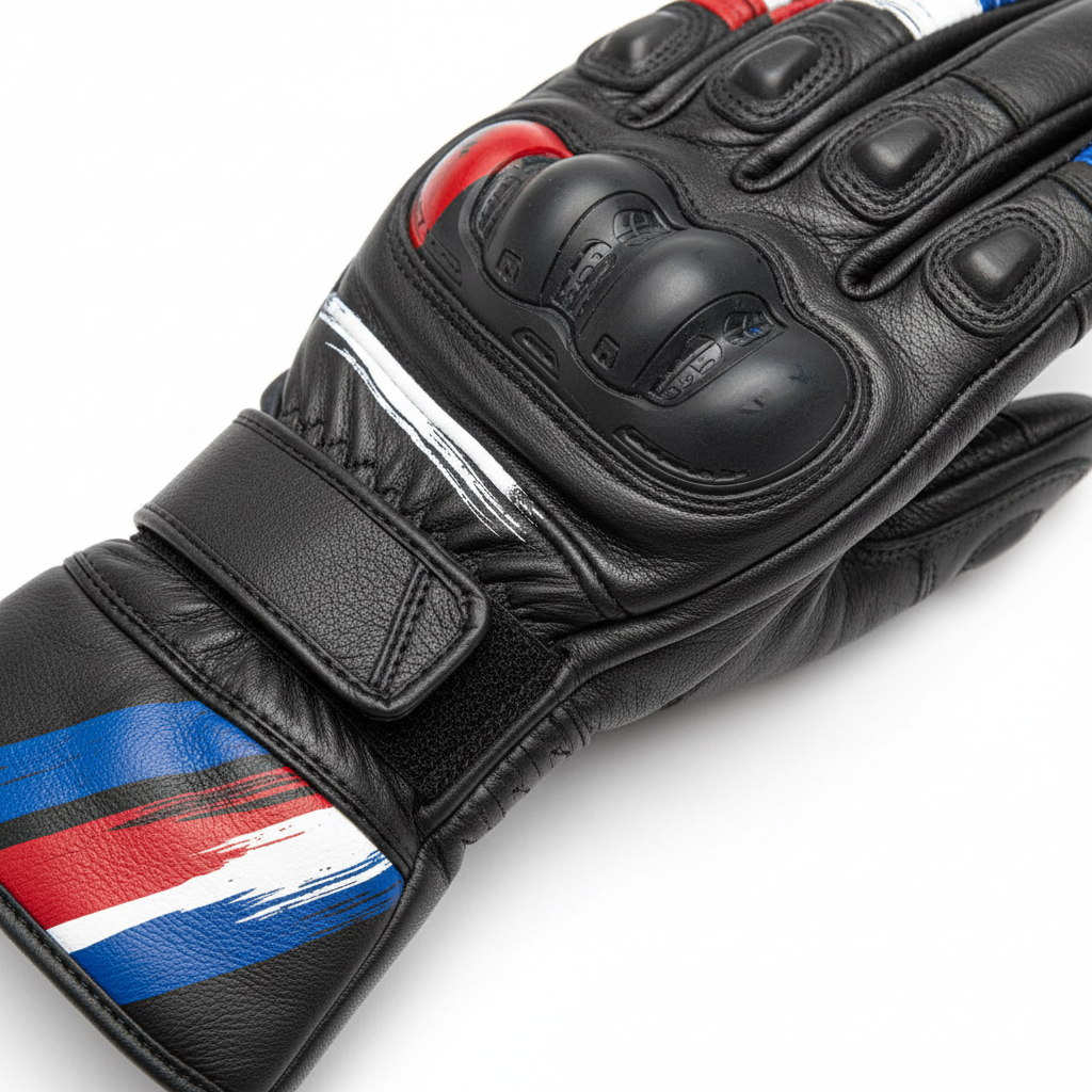 Close-up of black leather motorcycle glove cuff, closure, knuckle protection, and painted edge detail
