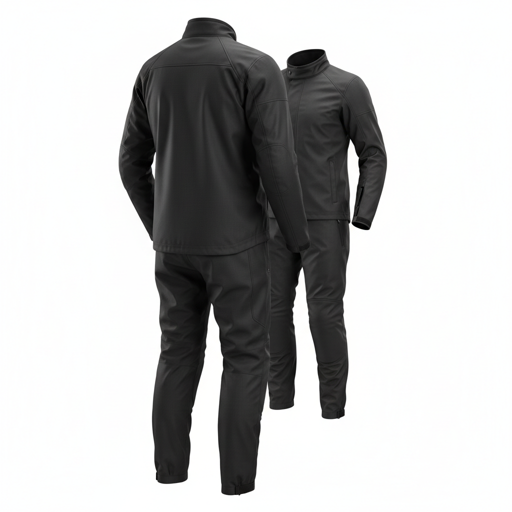 Plain unbranded black waterproof motorcycle over-jacket and trousers set, three-quarter rear view on white background