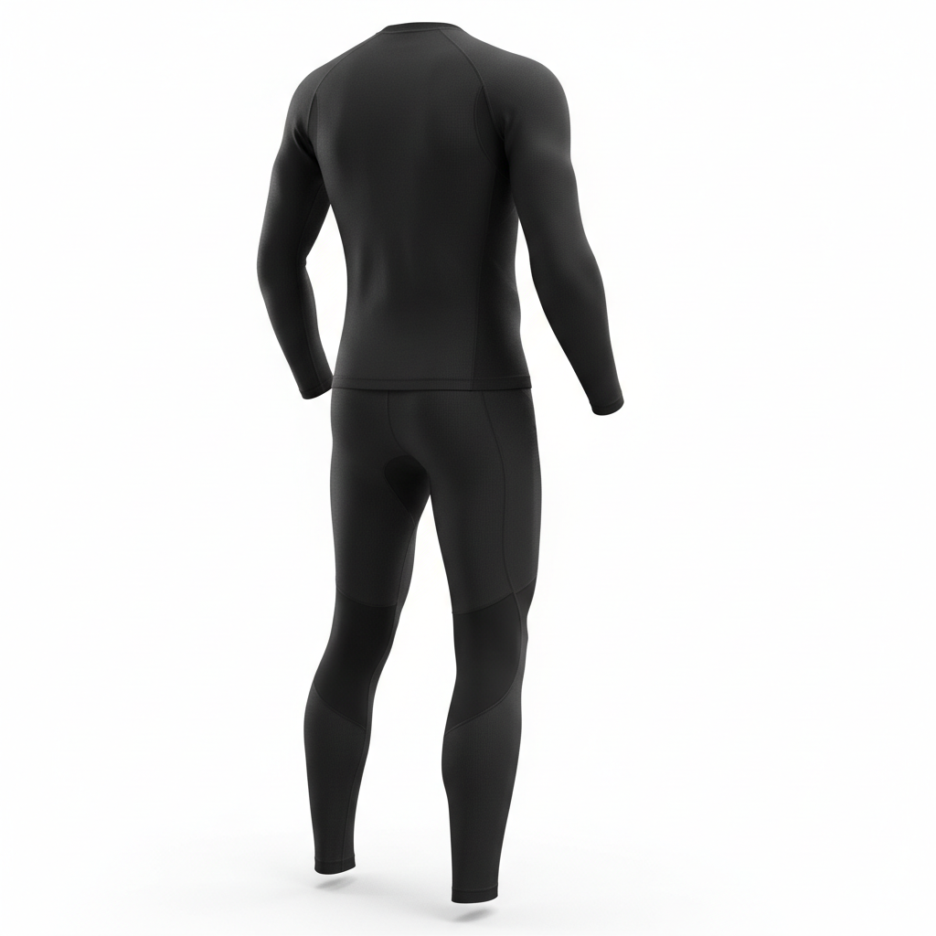 Plain unbranded black thermal cooling motorcycle base-layer set, three-quarter rear view on white background