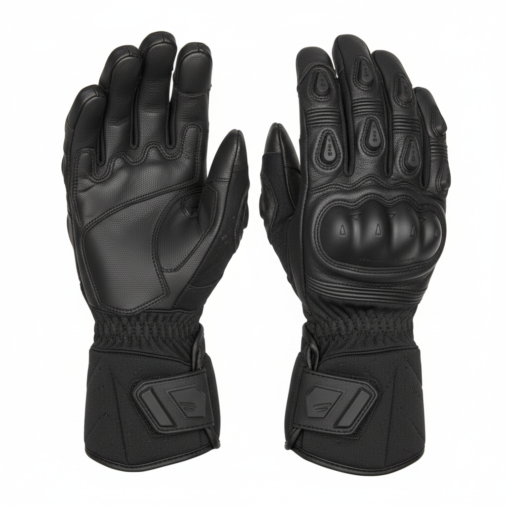 Plain black motorcycle racing gloves, side view on white background