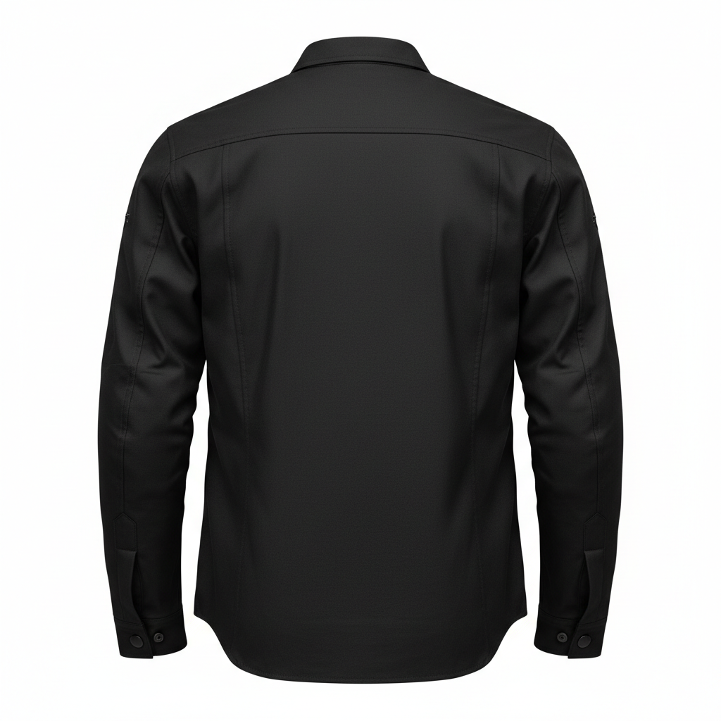 Plain black Kevlar motorcycle riding flannel and casual protective overshirt, rear view on white background