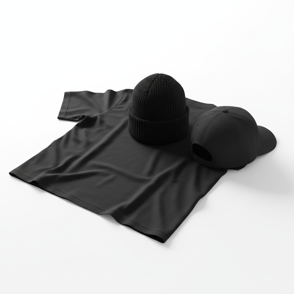 Plain unbranded black motorcycle lifestyle apparel set with tee, beanie, and cap, three-quarter rear view on white background