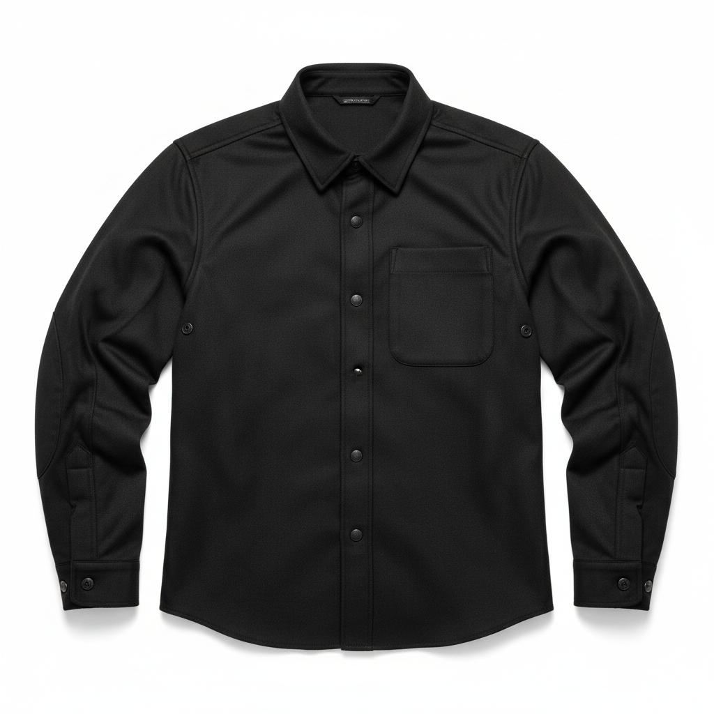 Plain black Kevlar motorcycle riding flannel and casual protective overshirt, overhead flat lay on white background