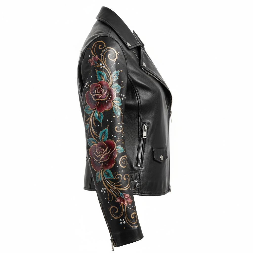 Hand-painted women's black leather motorcycle jacket, side profile view showing sleeve detail and side panel artwork