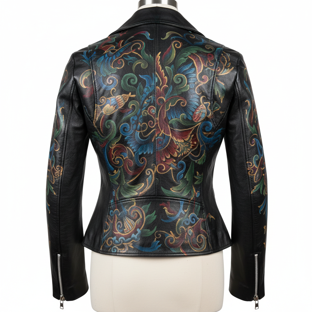 Hand-painted women's black leather motorcycle jacket with detailed artwork, back view on invisible mannequin, intricate artwork across back panel