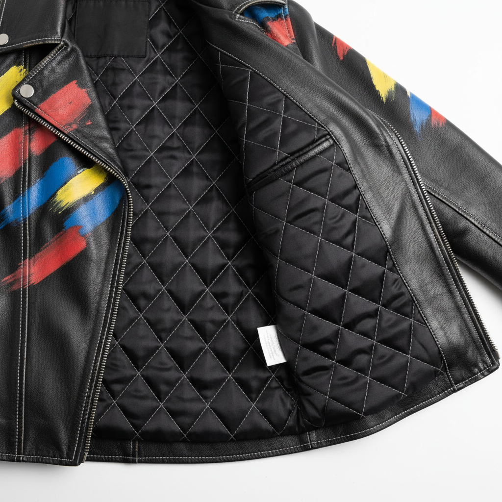 Hand-painted women's black leather motorcycle jacket with bold signature design artwork, interior detail shot showing quilted lining, stitching quality, and construction details
