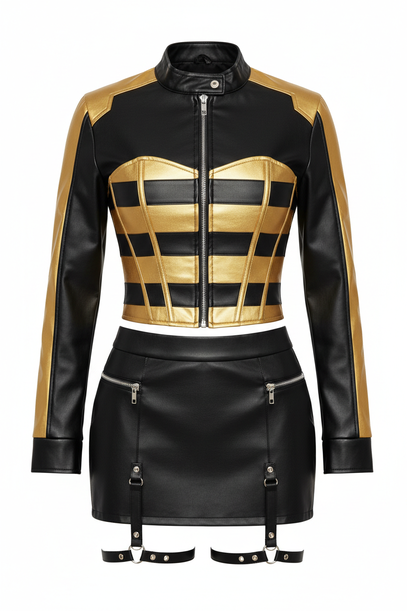 Racing Corset Set Gold Black — Front view full 3-piece set