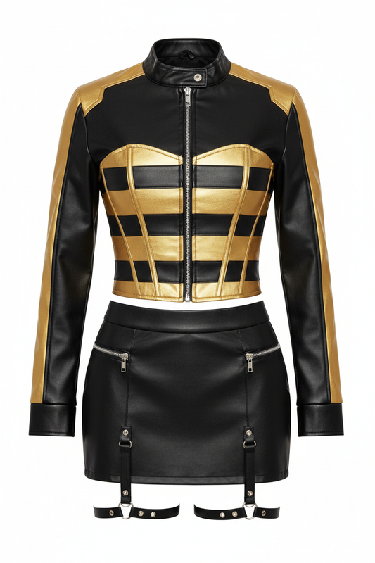 Racing Corset Set Gold Black — Front view full 3-piece set