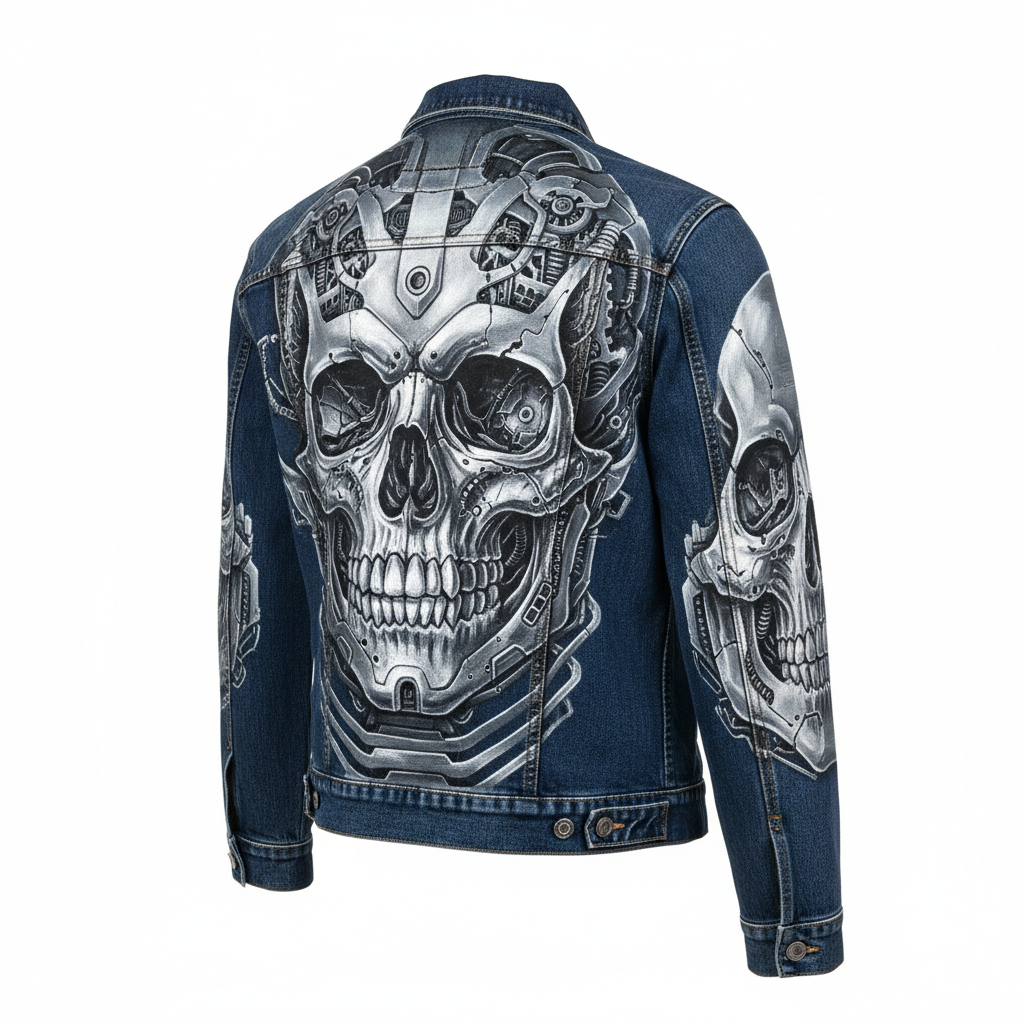 Hand-Painted Casual Denim Jacket Detailed Artwork - Biomech Skull 3/4 View