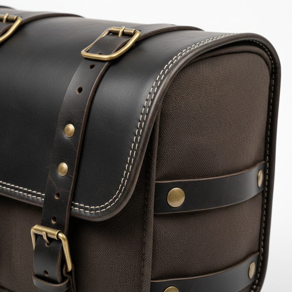 Close-up of unbranded leather grain, canvas weave, and reinforced seam on motorcycle panniers