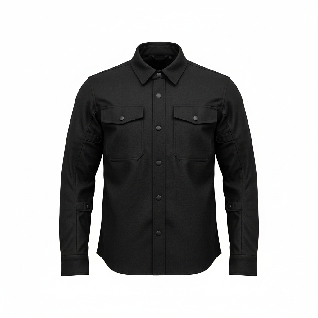 Plain black Kevlar motorcycle riding flannel and casual protective overshirt, front view on white background