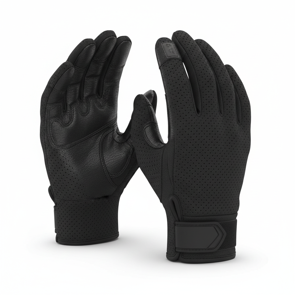 Plain unbranded black perforated short-cuff motorcycle street riding gloves, three-quarter front view on white background