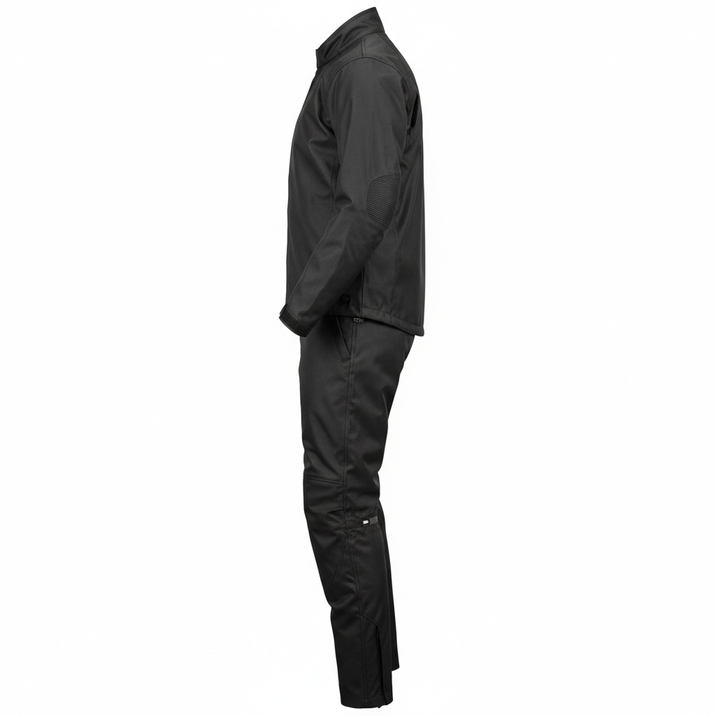 Plain unbranded black waterproof motorcycle over-jacket and trousers set, side view on white background