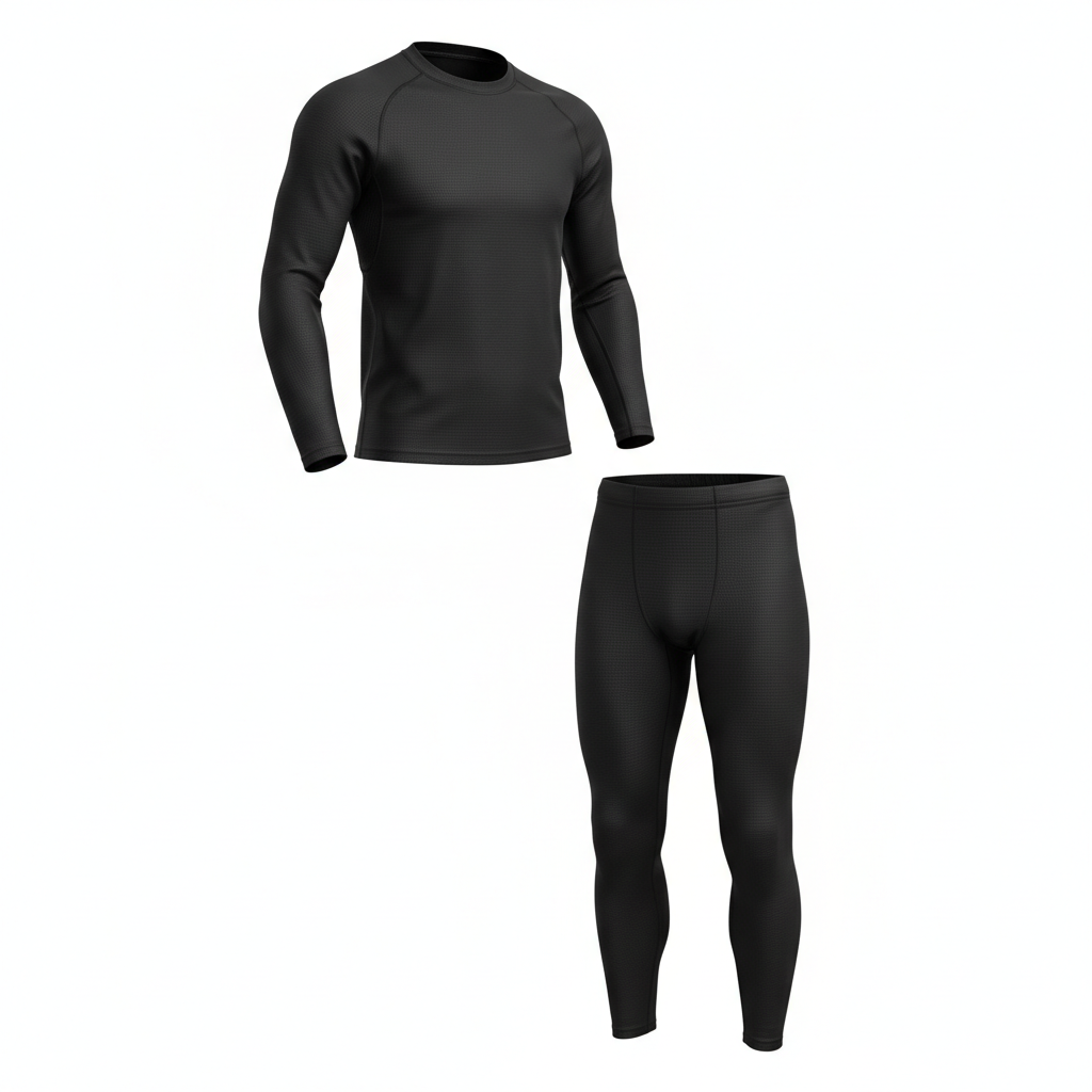 Plain unbranded black thermal cooling motorcycle base-layer set, overhead flat lay on white background